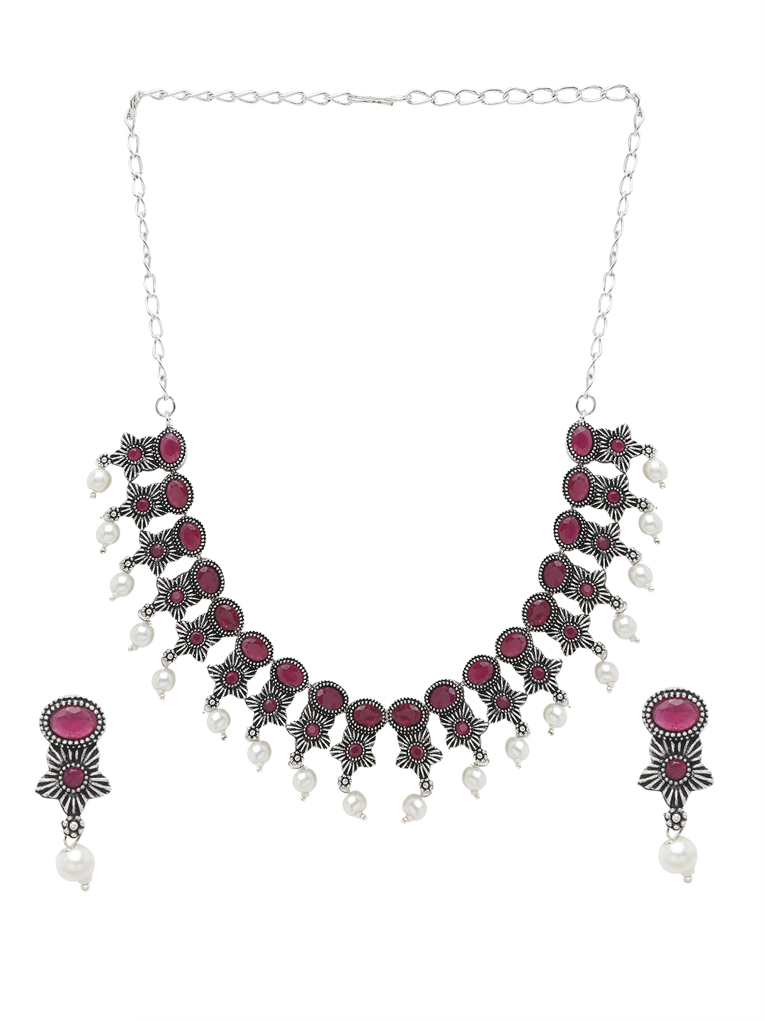YouBella Jewellery Oxidised Silver Necklace Jewellery Set with Earrings for Girls and Women (Red) (YBNK_50523)